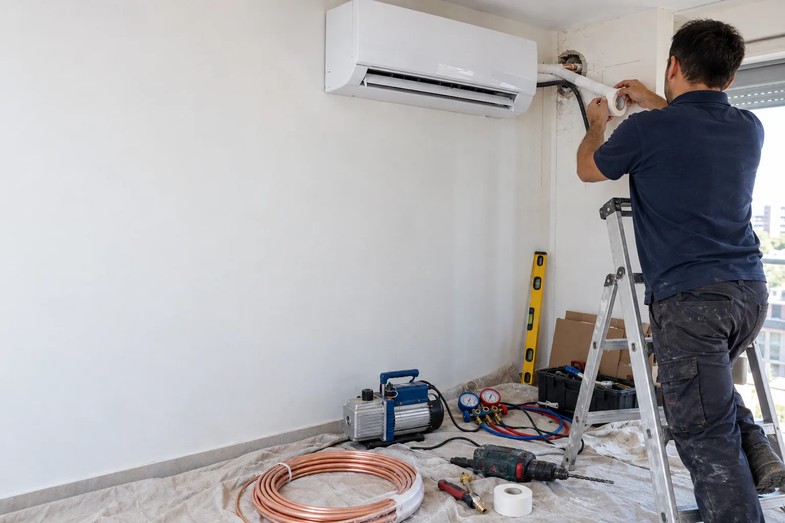 Instalador con polo azul sobre una escalera encintando la cañería que entra a la pared junto a un split recién colgado; en el piso, la bomba de vacío, el manómetro y el taladro