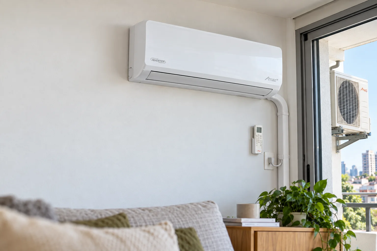 Split Inverter Amaz instalado en un living, con la canaleta que baja por la pared, el control remoto en su soporte y, por la puerta del balcón, la unidad exterior Amaz sobre ménsulas